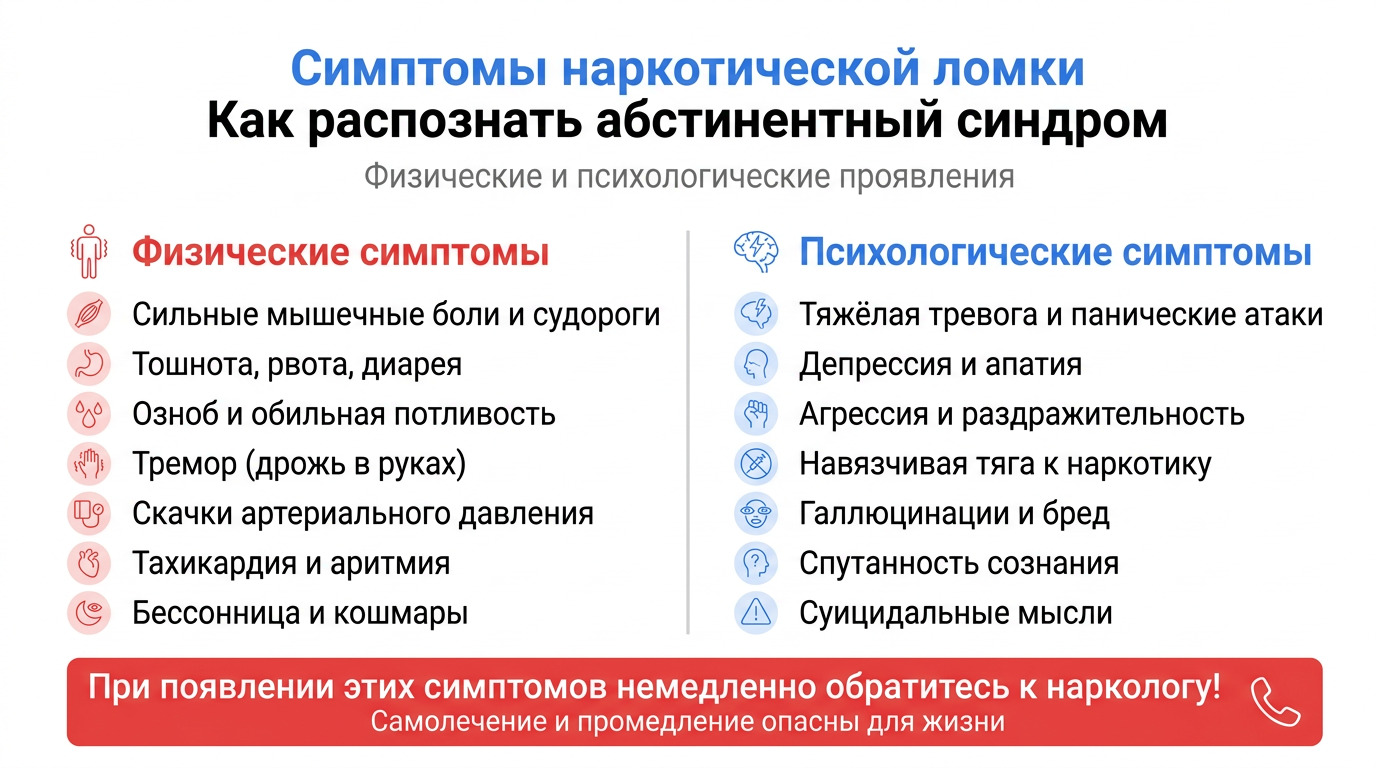 Инфографика симптомов наркотической ломки: физические и психологические проявления абстинентного синдрома, требующие немедленной медицинской помощи